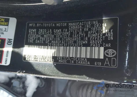 2015 Toyota Corolla S Plus from USA, damaged, VIN 2T1BURHEXFC233075